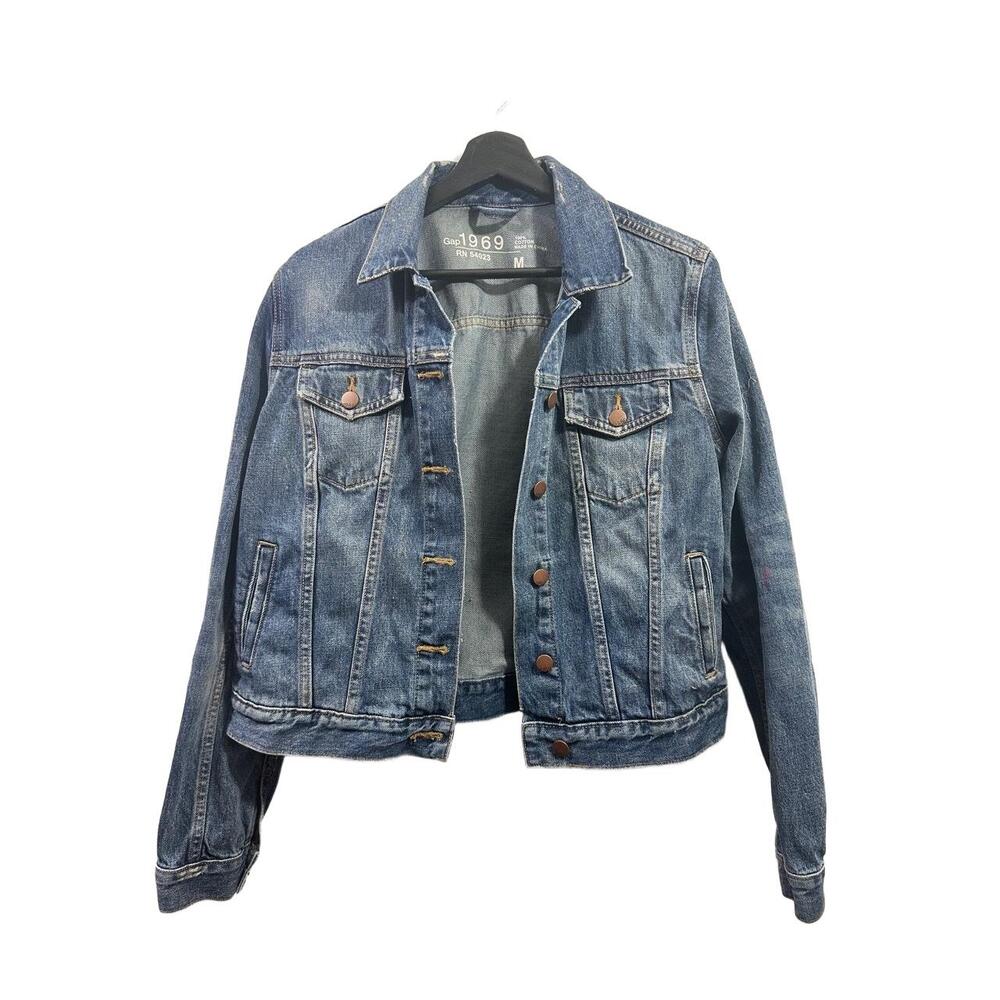 Gap 1969 Icon Flap Jack Womans Size Medium Med Wash Distressed Full Button *read